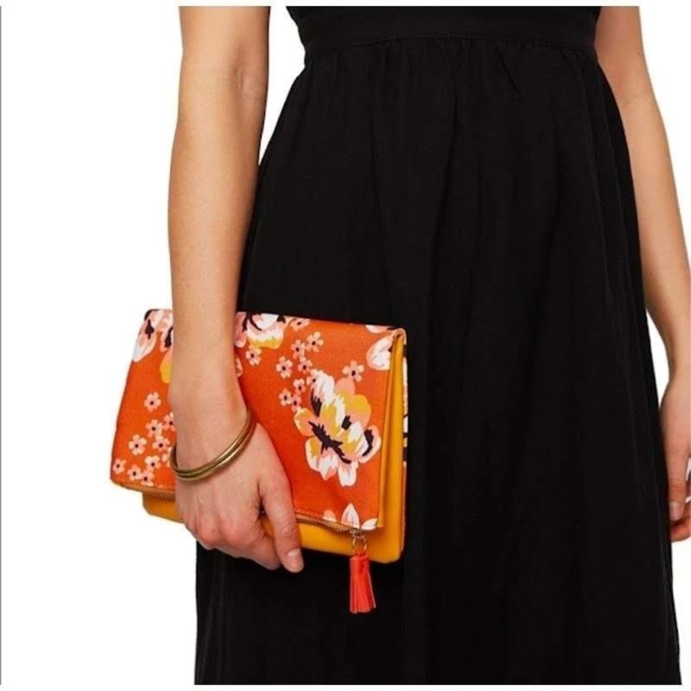 Rachel Pally Statement Clutch  Orange Yellow Floral Foldover Tassel Zip Bohemian